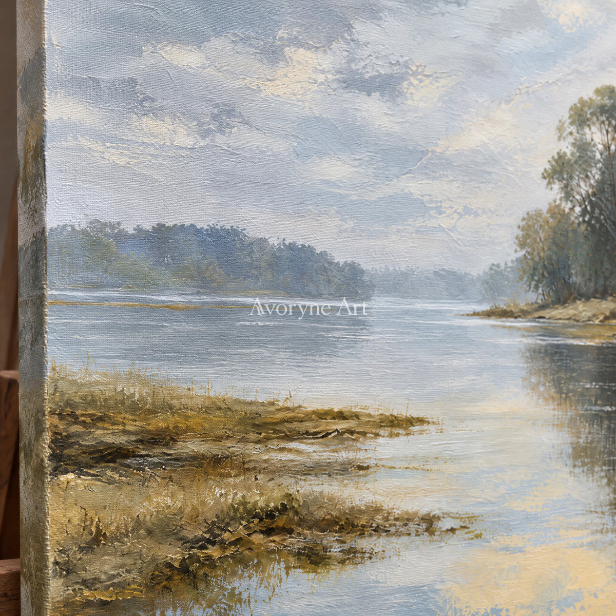 Quiet Shoreline: Impressionist Misty Lake Wall Art — detail easel