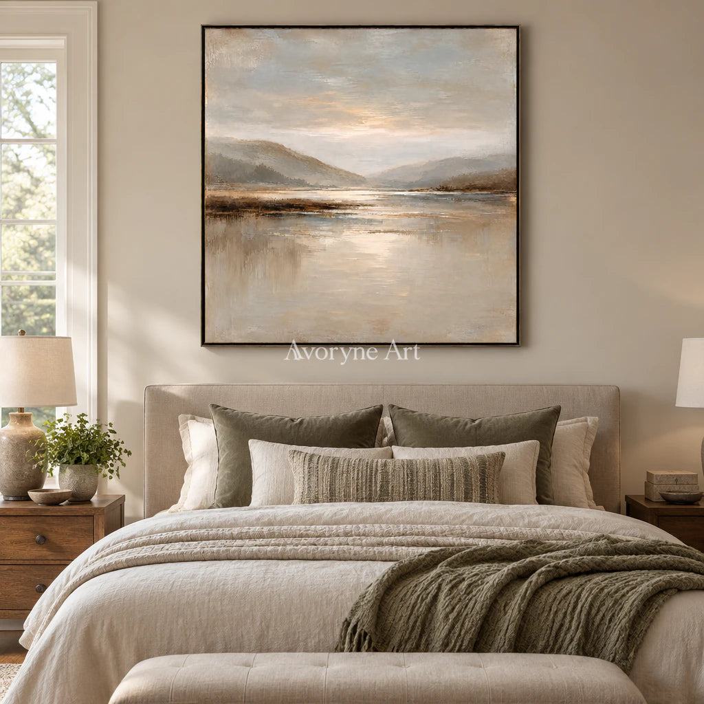 Pale Inlet: Impressionist Mountain Lake Wall Art — bedroom black