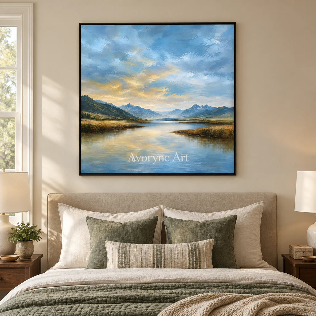 Alpine Glow: Impressionist Mountain Lake Wall Art — bedroom black