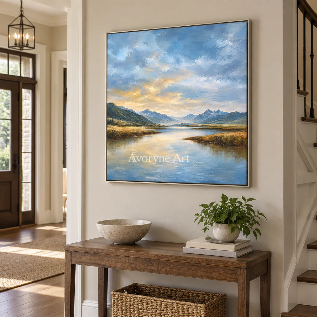 Alpine Glow: Impressionist Mountain Lake Wall Art — entry silver
