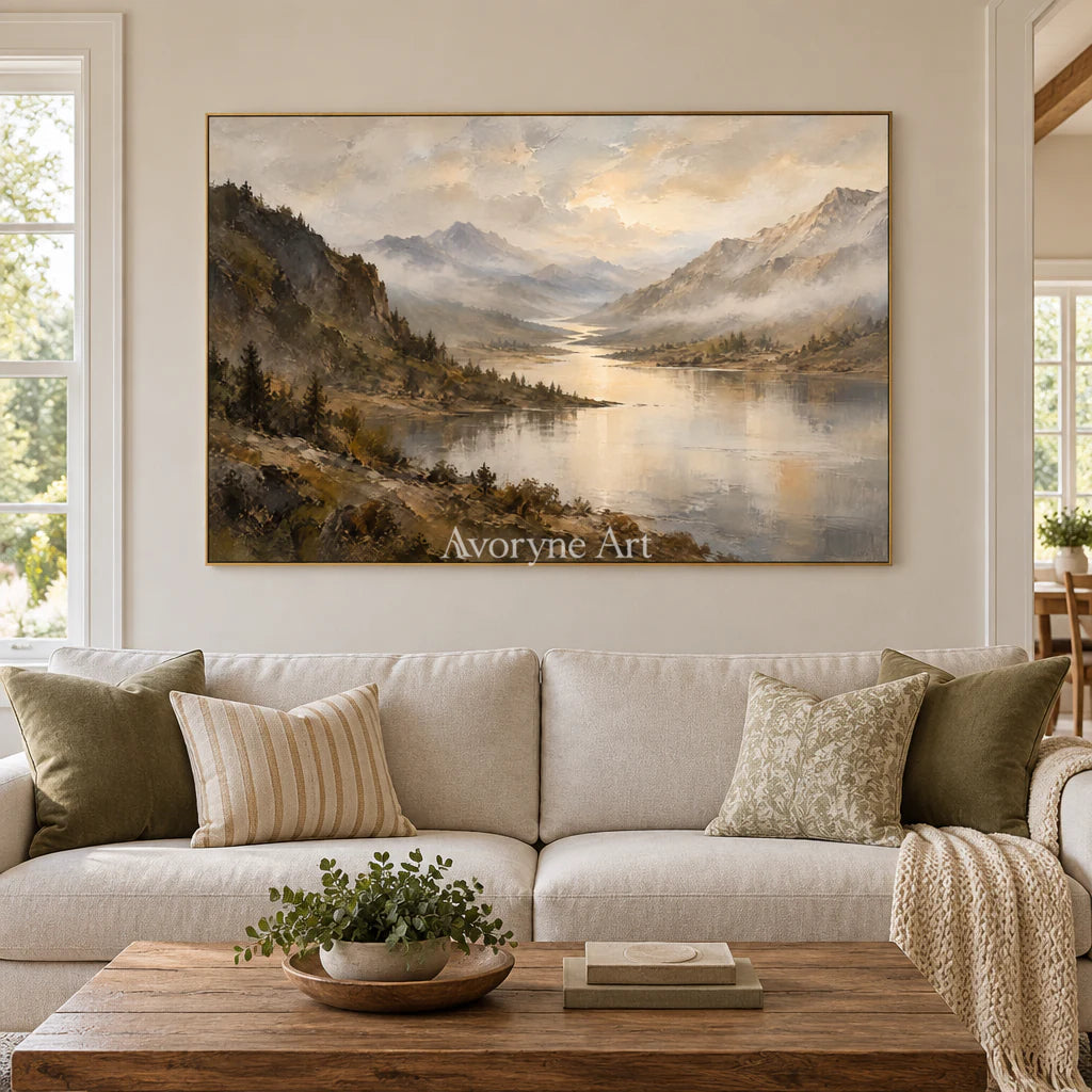 Valley Glimmer: Impressionist Mountain Lake Wall Art — living gold