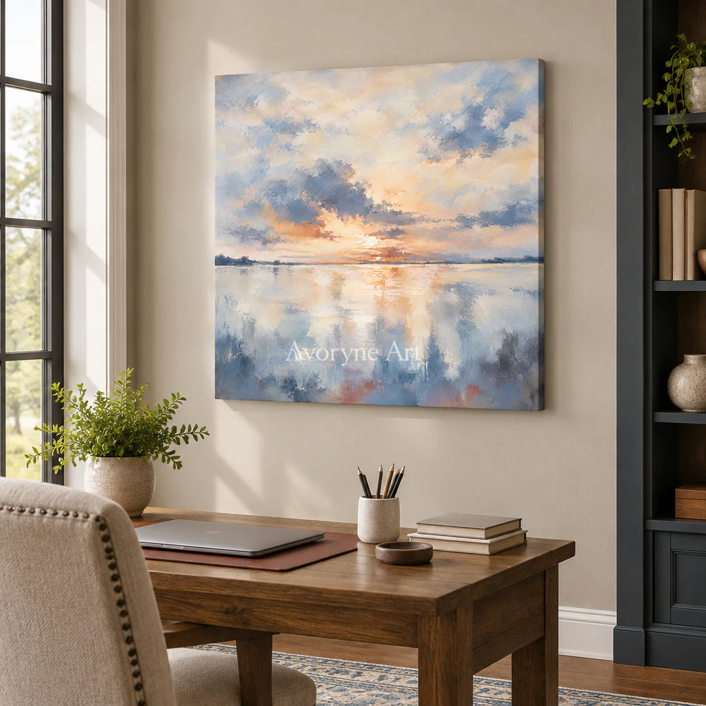 Daybreak Glass: Impressionist Sunrise Lake Wall Art — office frameless