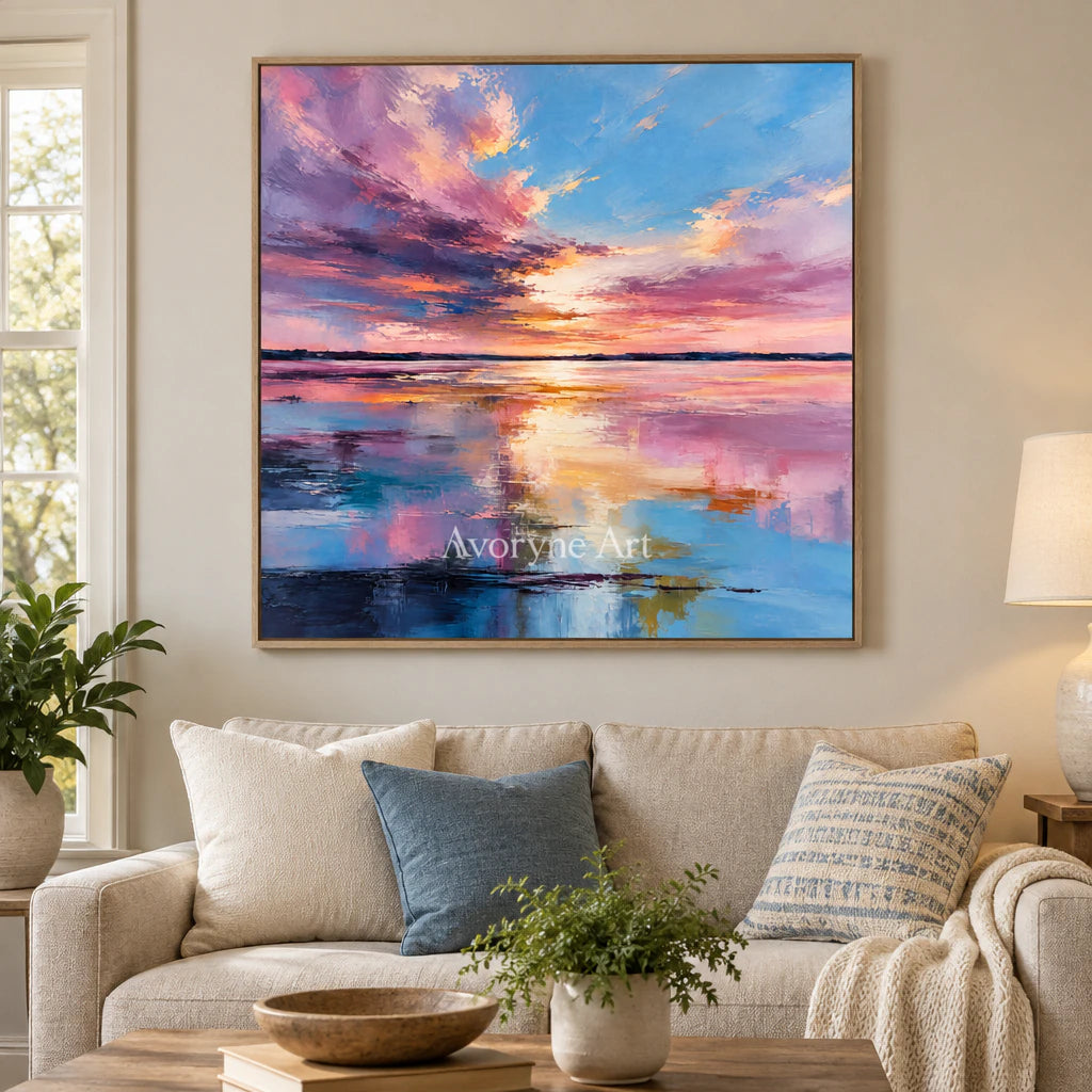 Rosewater Dusk: Impressionist Sunset Lake Wall Art — villa wood