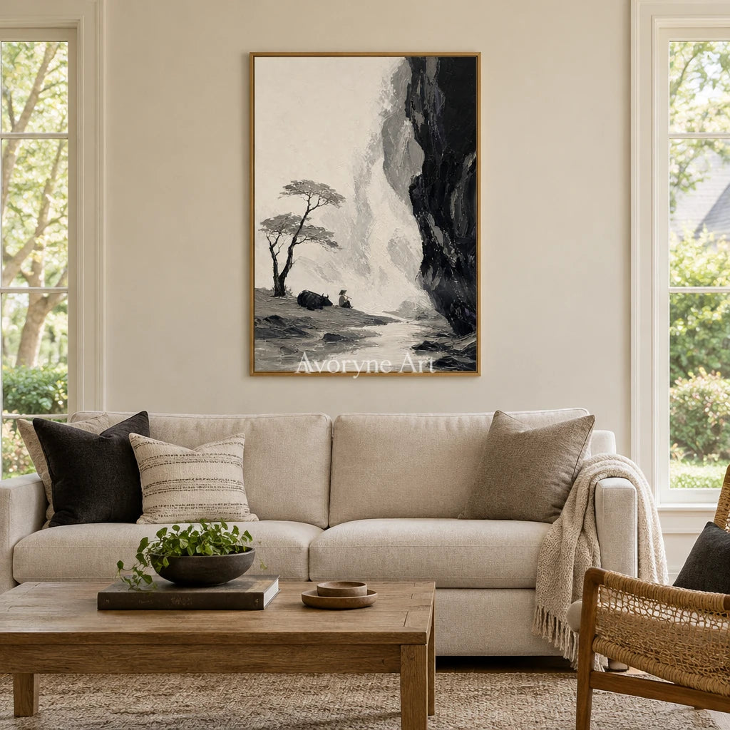 Misted Trace ink mountain pine wall art with a gold frame hanging in a living room