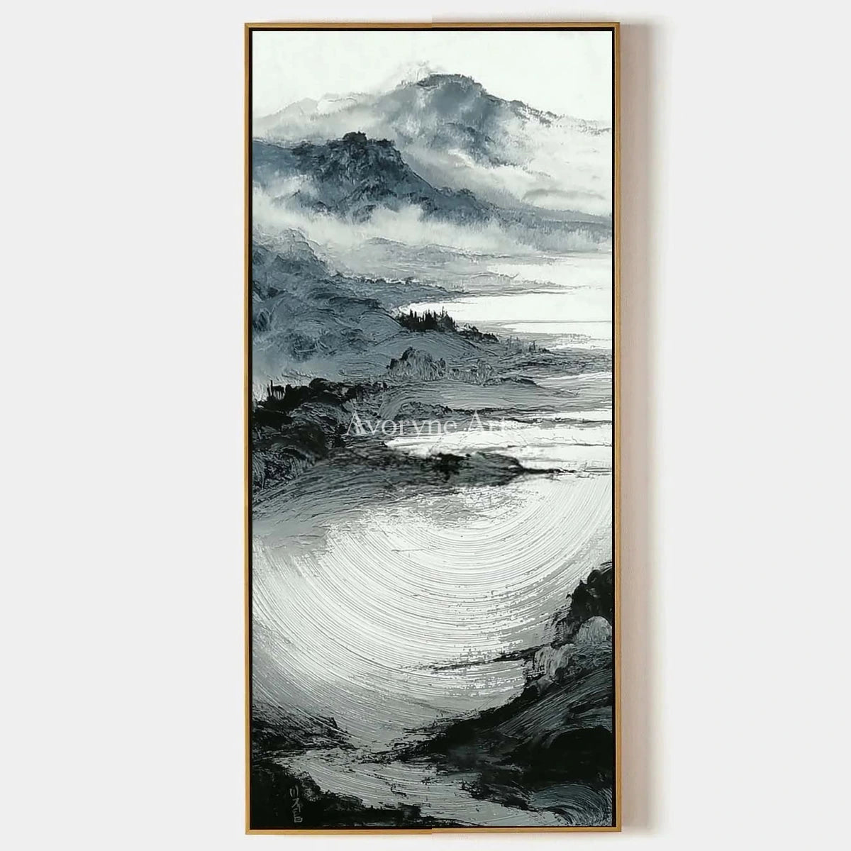 Pale Haven, hand-painted ink mountain water wall art by Chen Wei