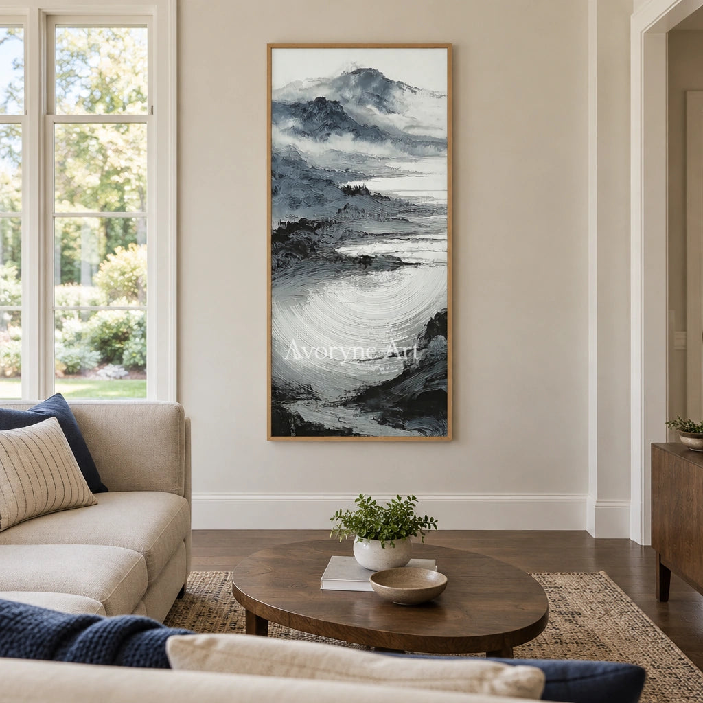 Pale Haven ink mountain water wall art with a wood frame in a villa living space