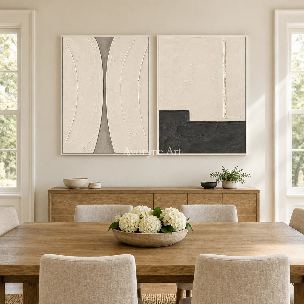 Measured Contrast: Ivory Abstract Diptych Wall Art — dining white