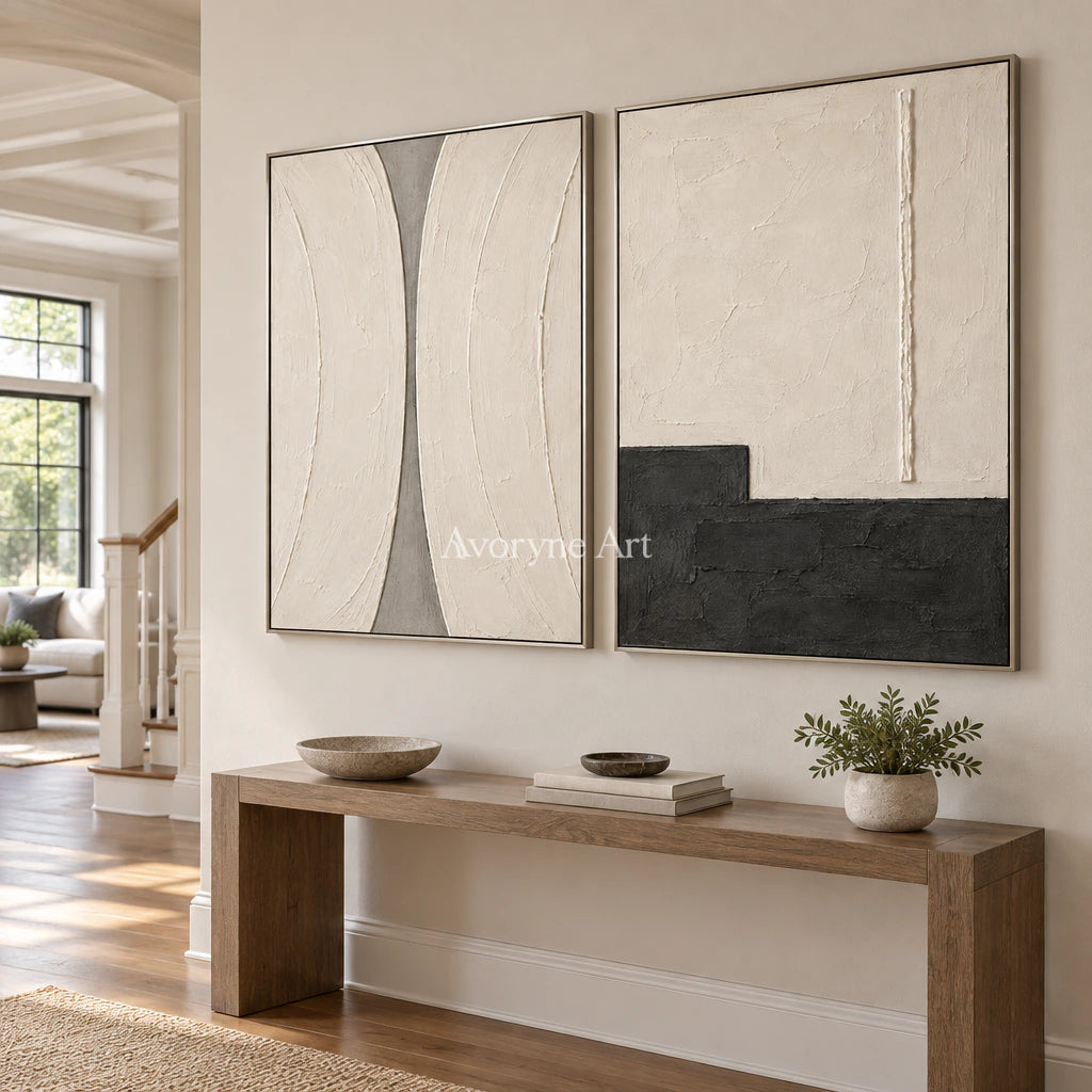 Measured Contrast: Ivory Abstract Diptych Wall Art — entry silver