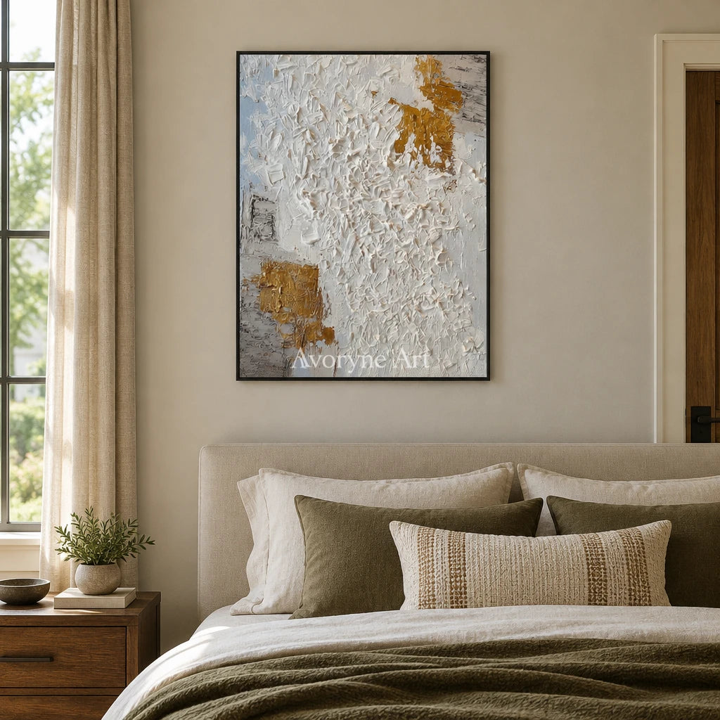 Lucent Measure ivory curl relief wall art with a black frame above a bed in a bedroom