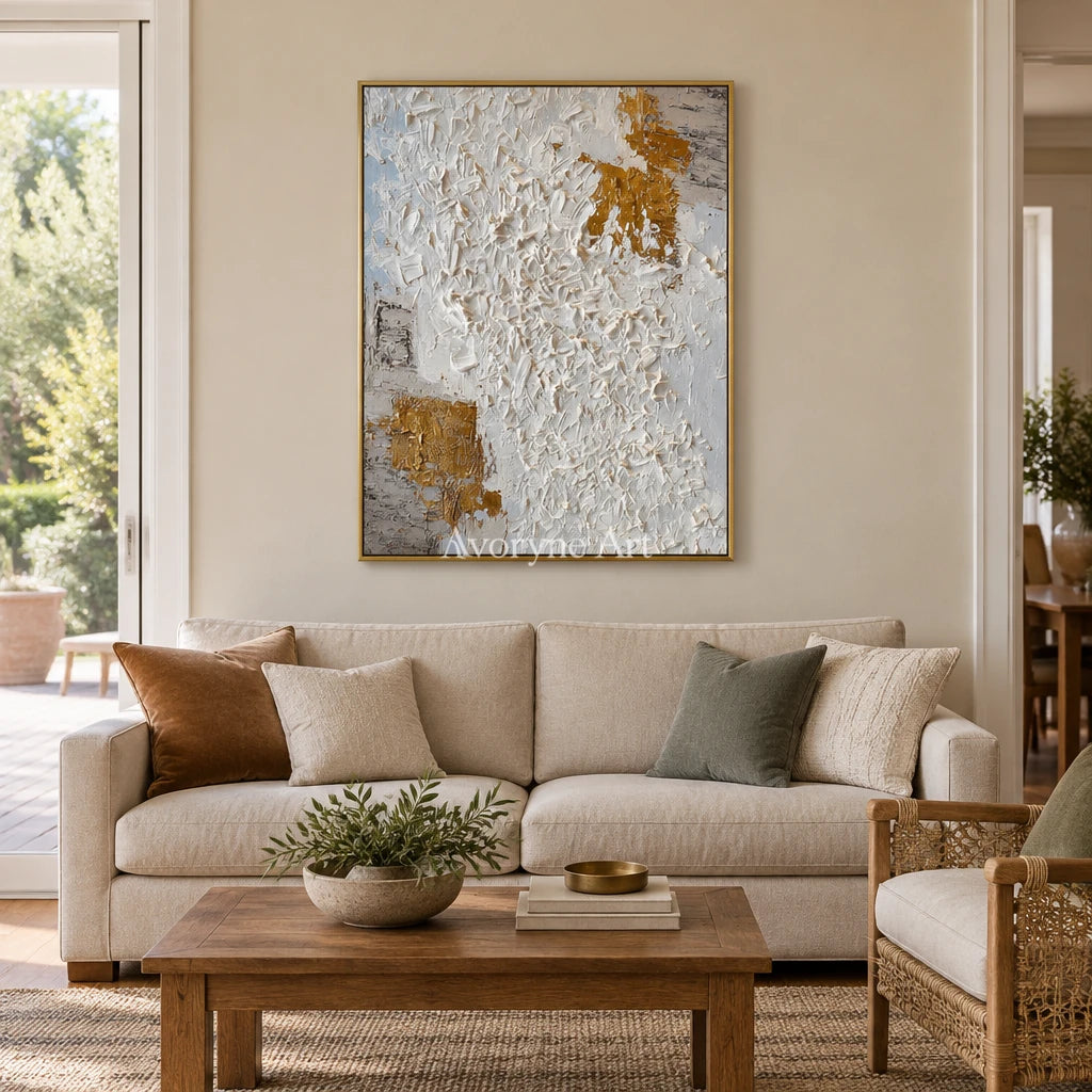 Lucent Measure ivory curl relief wall art with a gold frame hanging in a living room