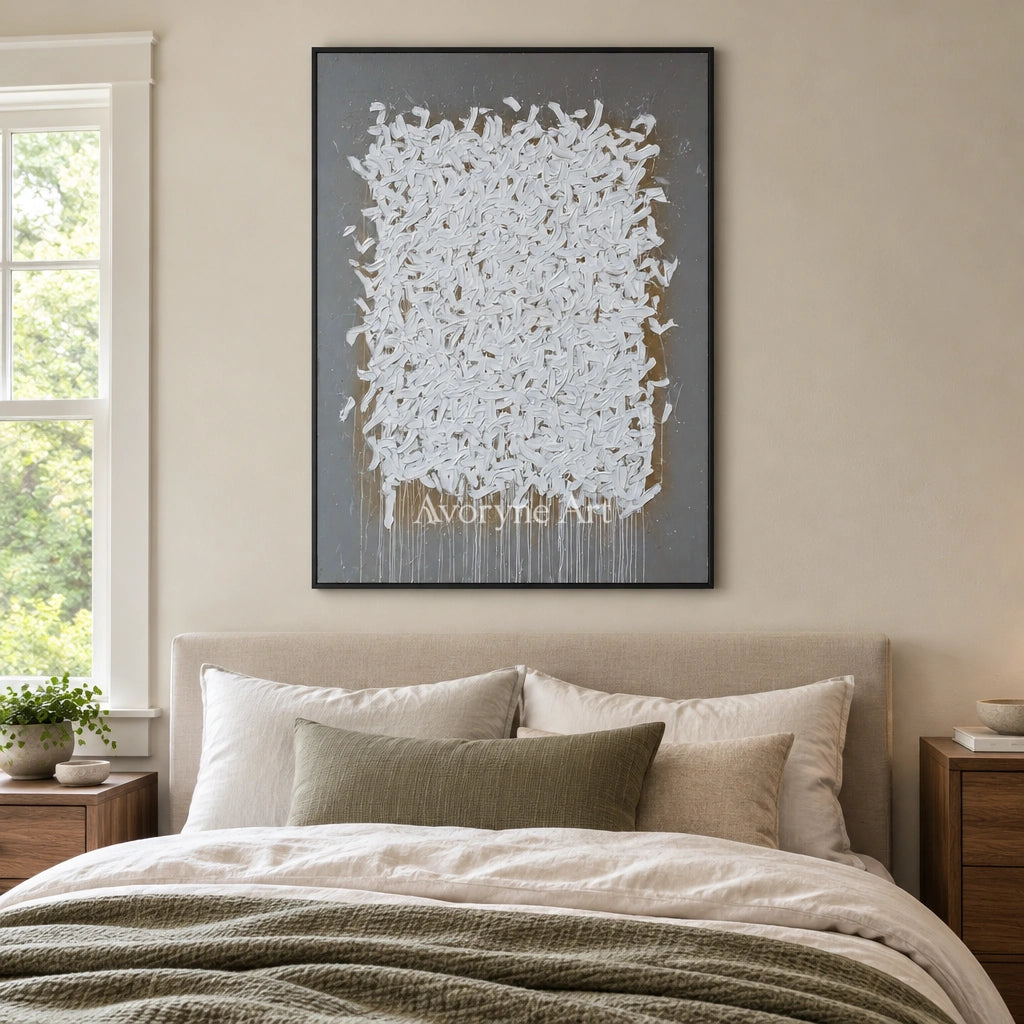 Lucent Field ivory curl relief wall art with a black frame above a bed in a bedroom