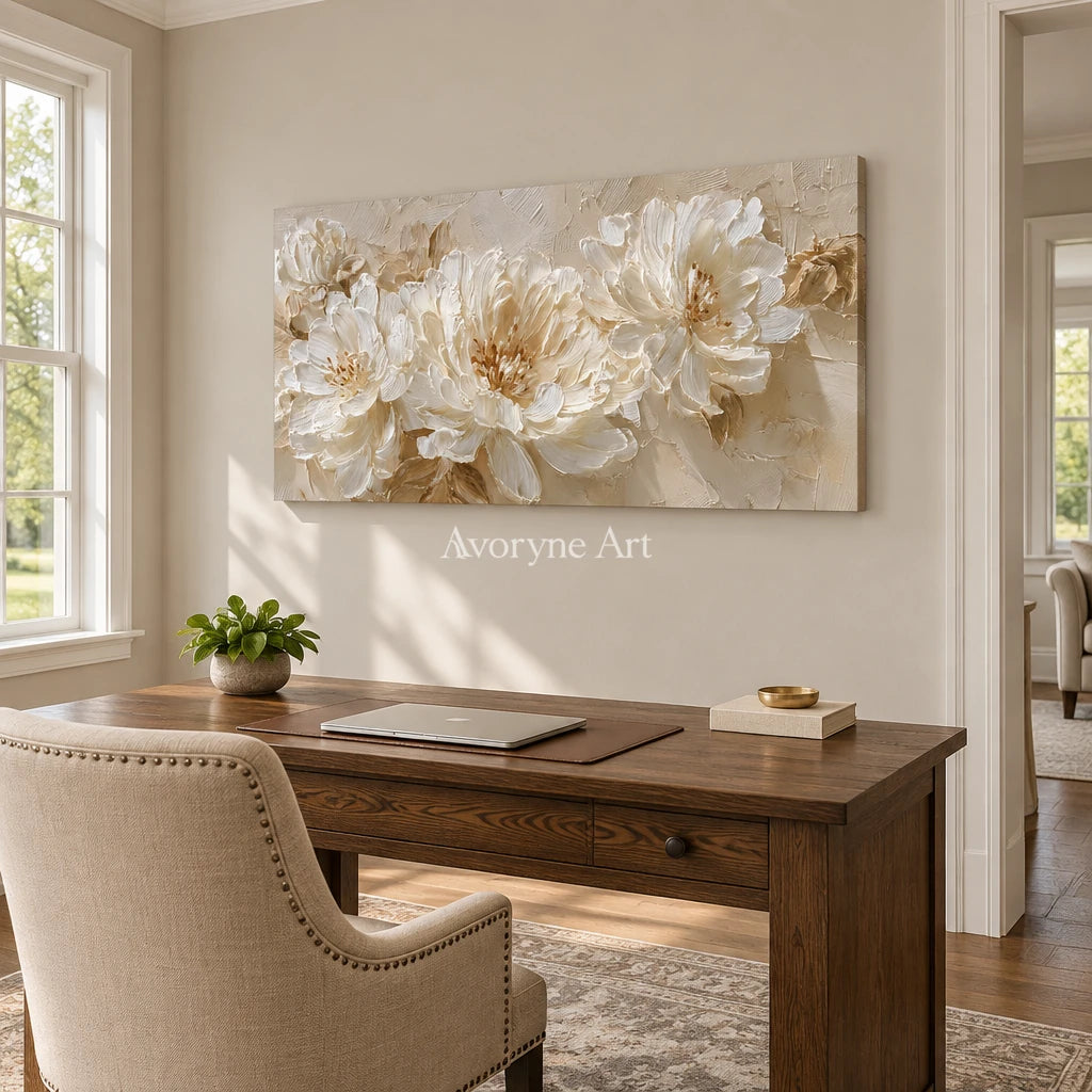 Aster Frond: Ivory Floral Relief — office frameless
