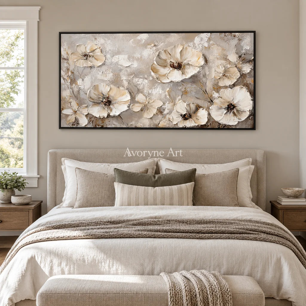 Aster Parcel: Ivory Floral Relief — bedroom black