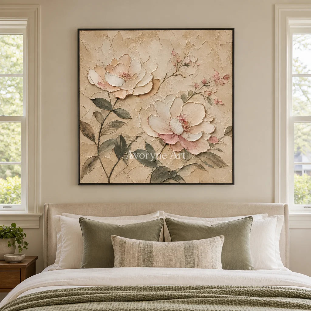 Blush Reverie: Ivory Floral Texture Art — bedroom black