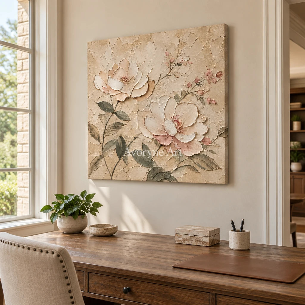 Blush Reverie: Ivory Floral Texture Art — office frameless