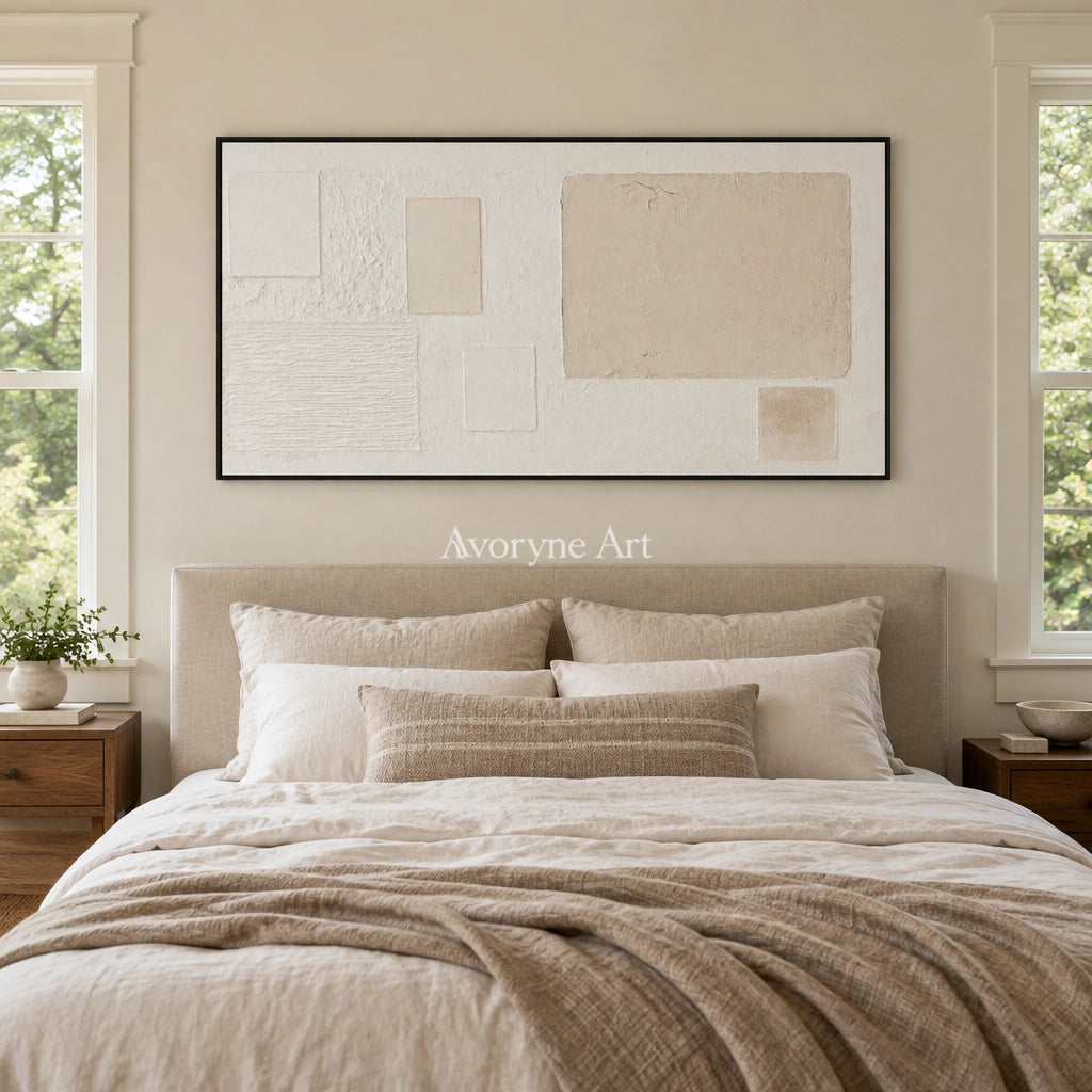 Woven Current ivory geometric art with a black frame above a bed in a bedroom