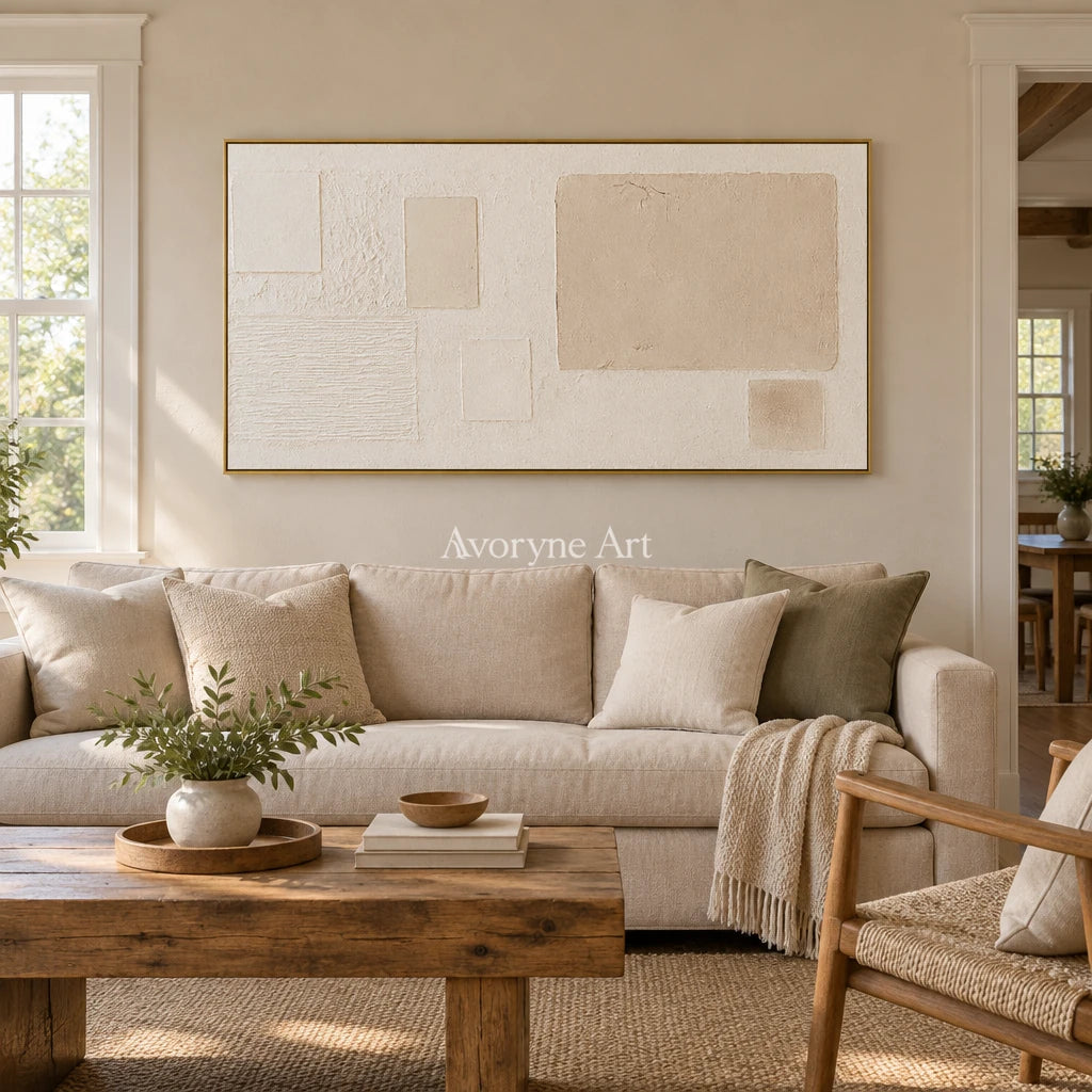Woven Current ivory geometric art with a gold frame hanging in a living room