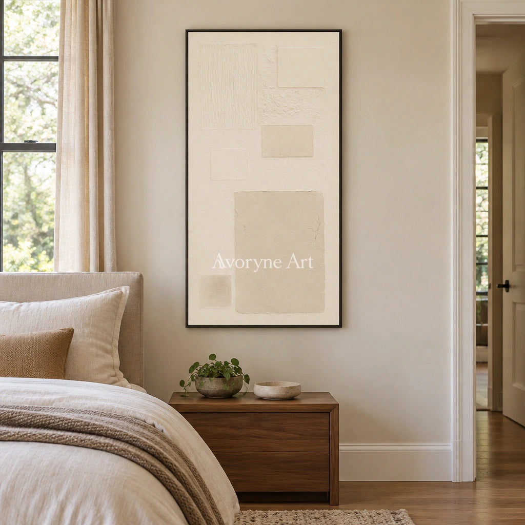 Woven Gesture ivory geometric art with a black frame above a bed in a bedroom