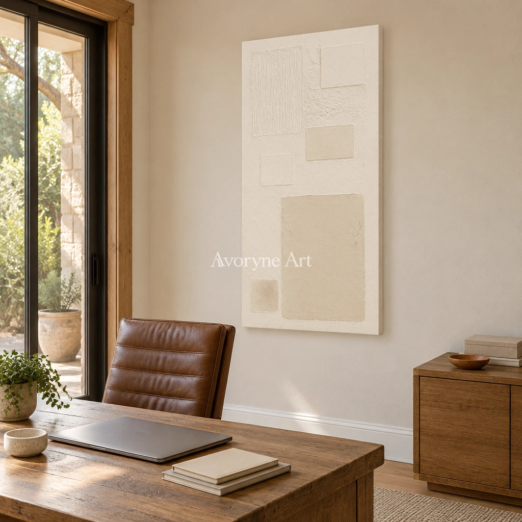 Woven Gesture ivory geometric art as a frameless stretched canvas in a home office