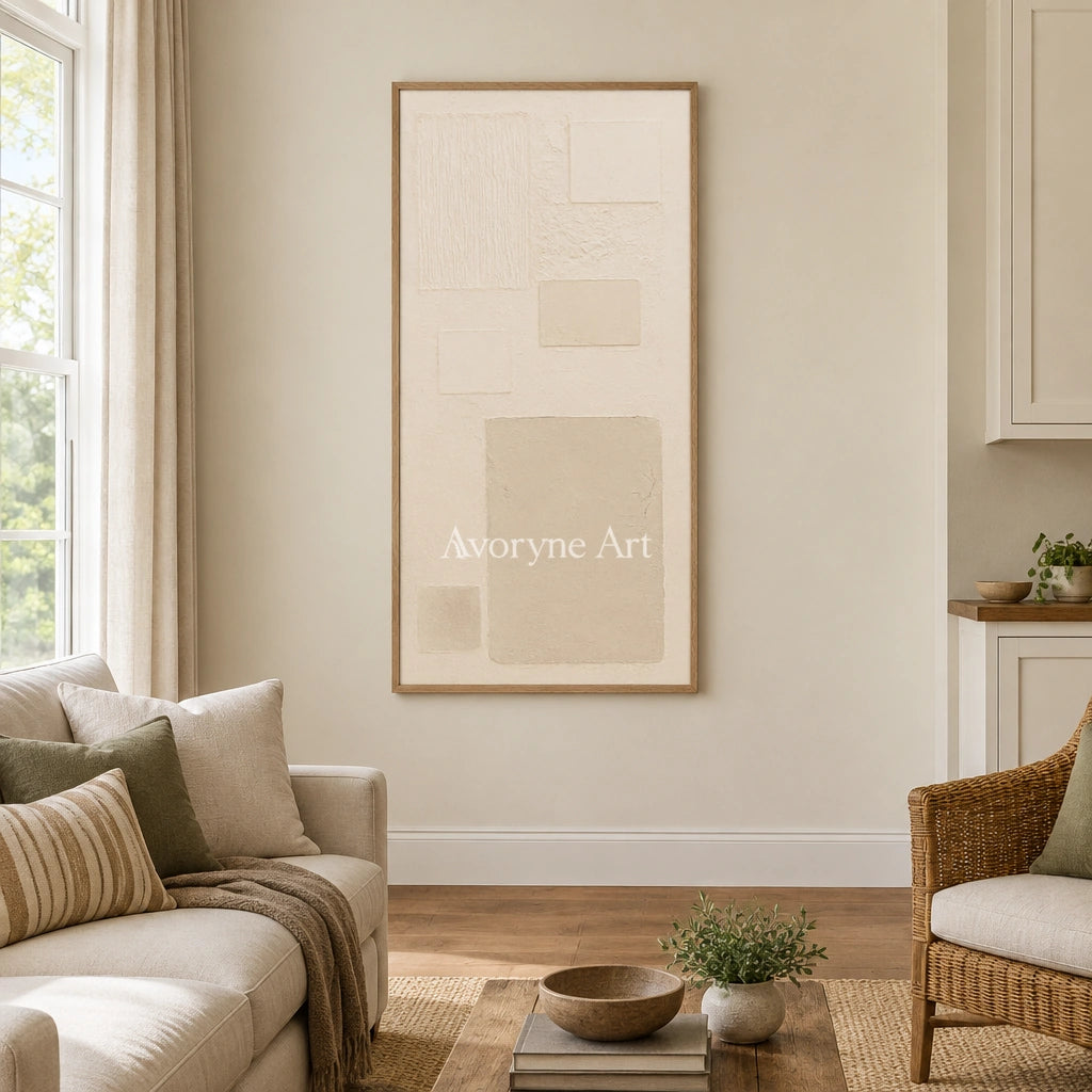 Woven Gesture ivory geometric art with a wood frame in a villa living space