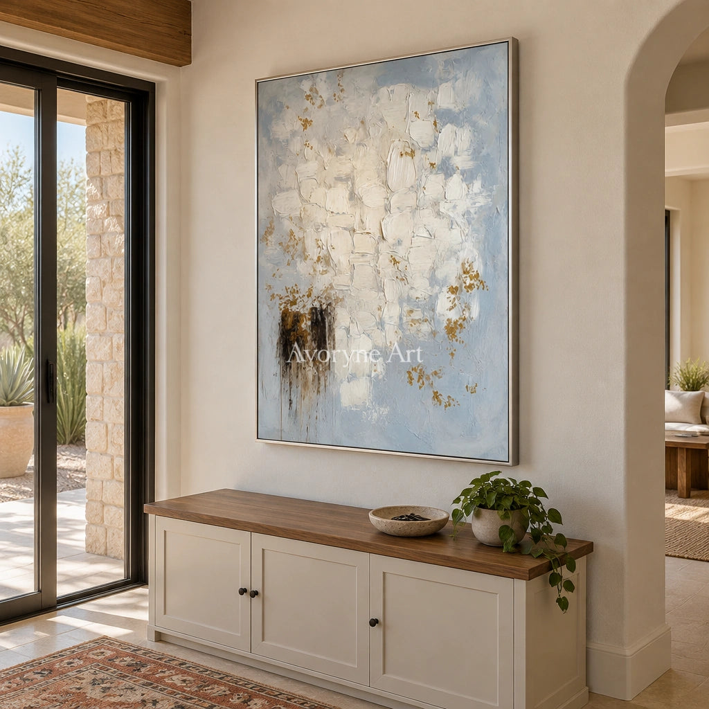 Gentle Haven ivory gold relief wall art with a silver frame in an entryway