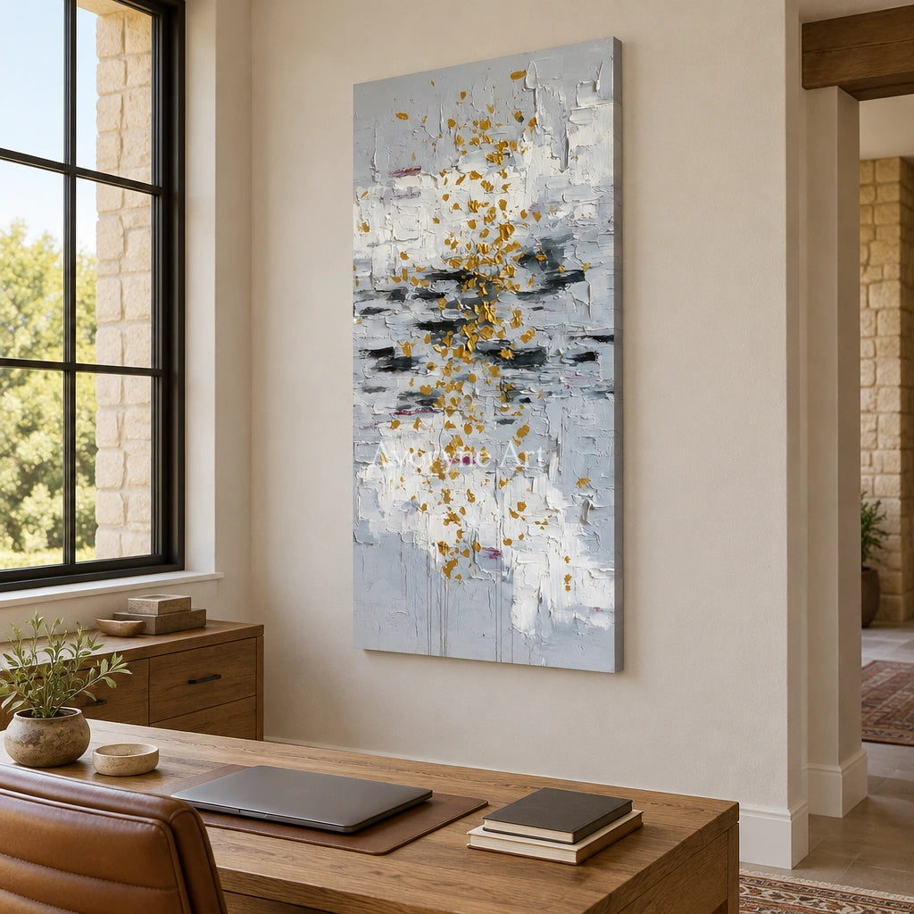 Gentle Measure ivory gold relief wall art as a frameless stretched canvas in a home office