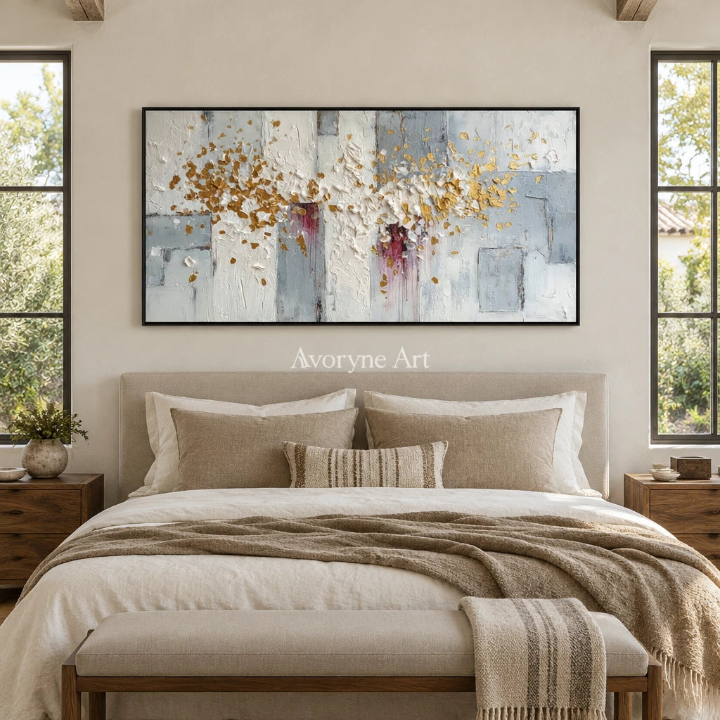 Gentle Sonata ivory gold relief wall art with a black frame above a bed in a bedroom