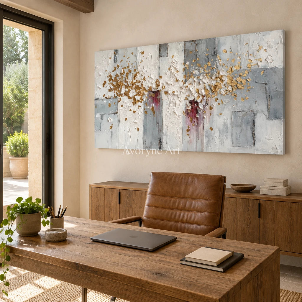 Gentle Sonata ivory gold relief wall art as a frameless stretched canvas in a home office