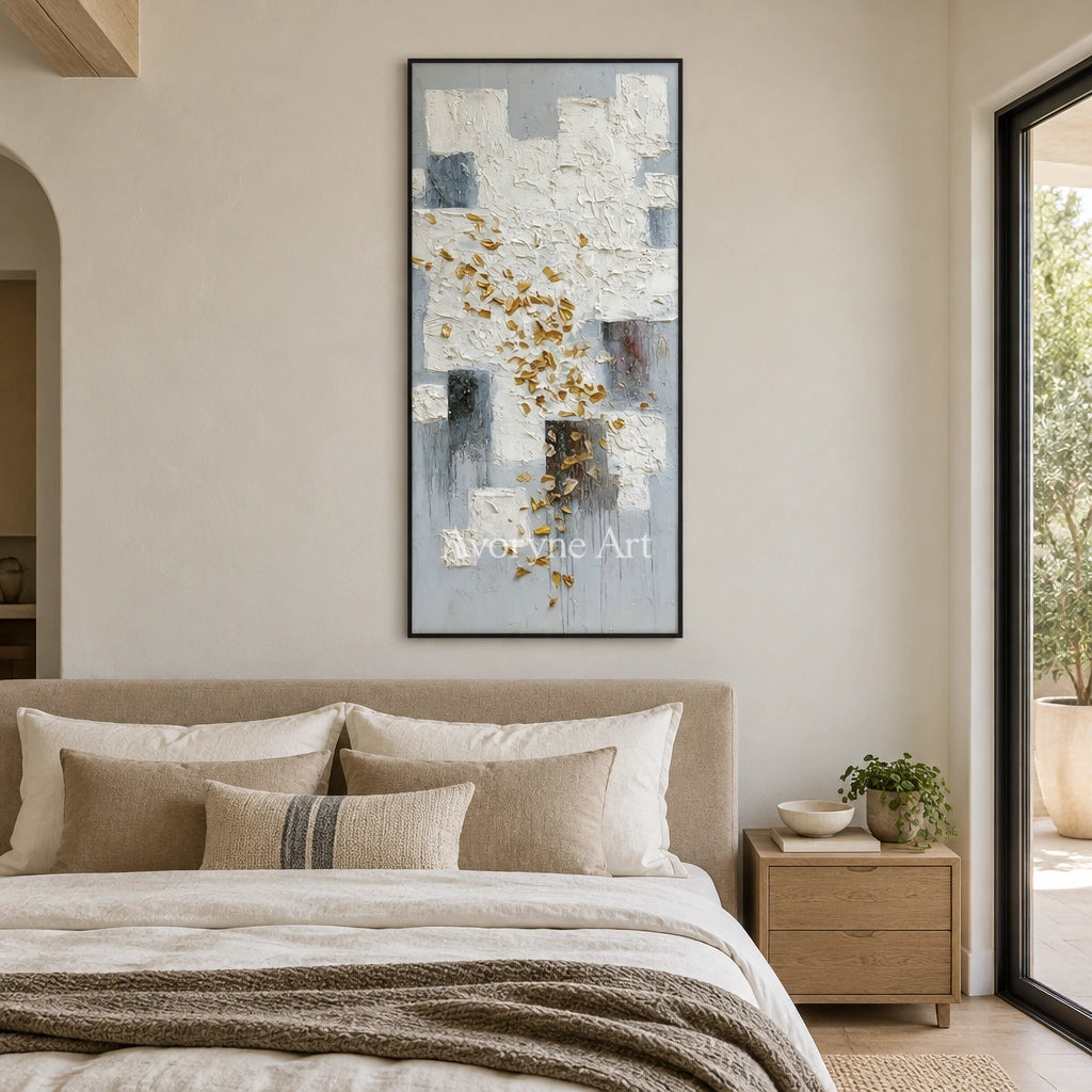 Lucent Refrain ivory gold relief wall art with a black frame above a bed in a bedroom