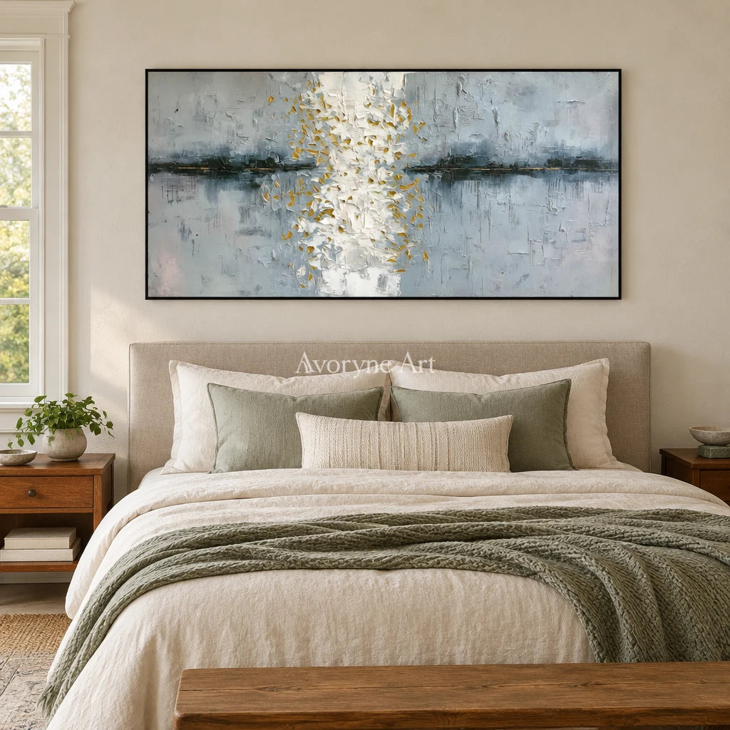Lucent Haven ivory gold relief wall art with a black frame above a bed in a bedroom
