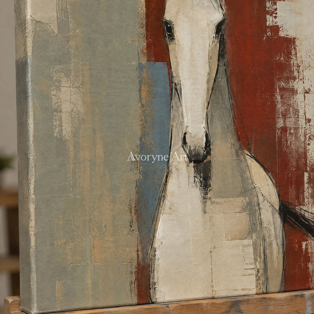 Close-up of the hand-painted texture of Woven Trace ivory horse art on an easel