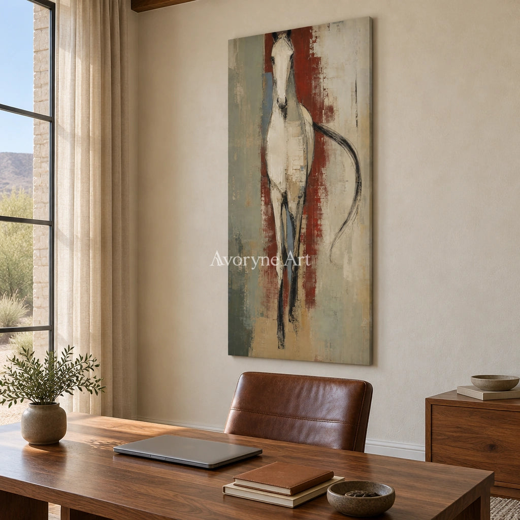 Woven Trace ivory horse art as a frameless stretched canvas in a home office