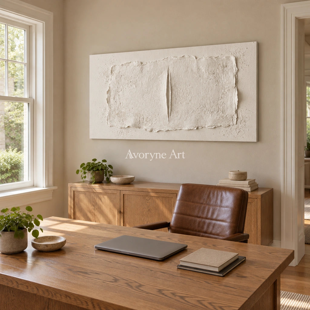 Woven Cadence ivory layered relief wall art as a frameless stretched canvas in a home office