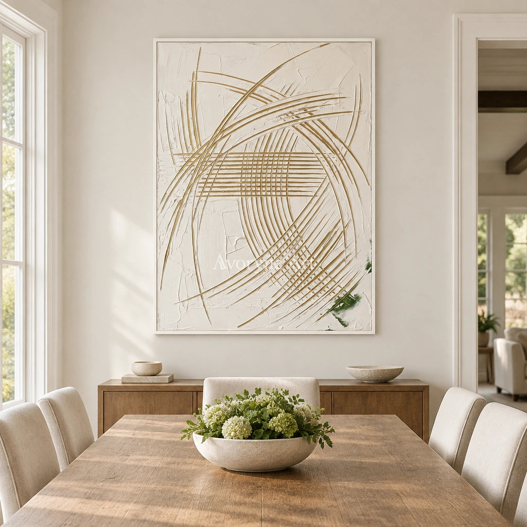 Silver Reverberation linear abstract wall art with a white frame in a dining room