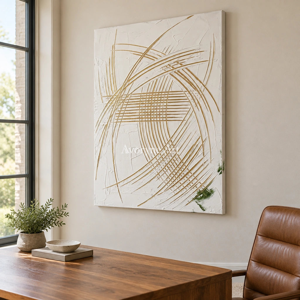 Silver Reverberation linear abstract wall art as a frameless stretched canvas in a home office