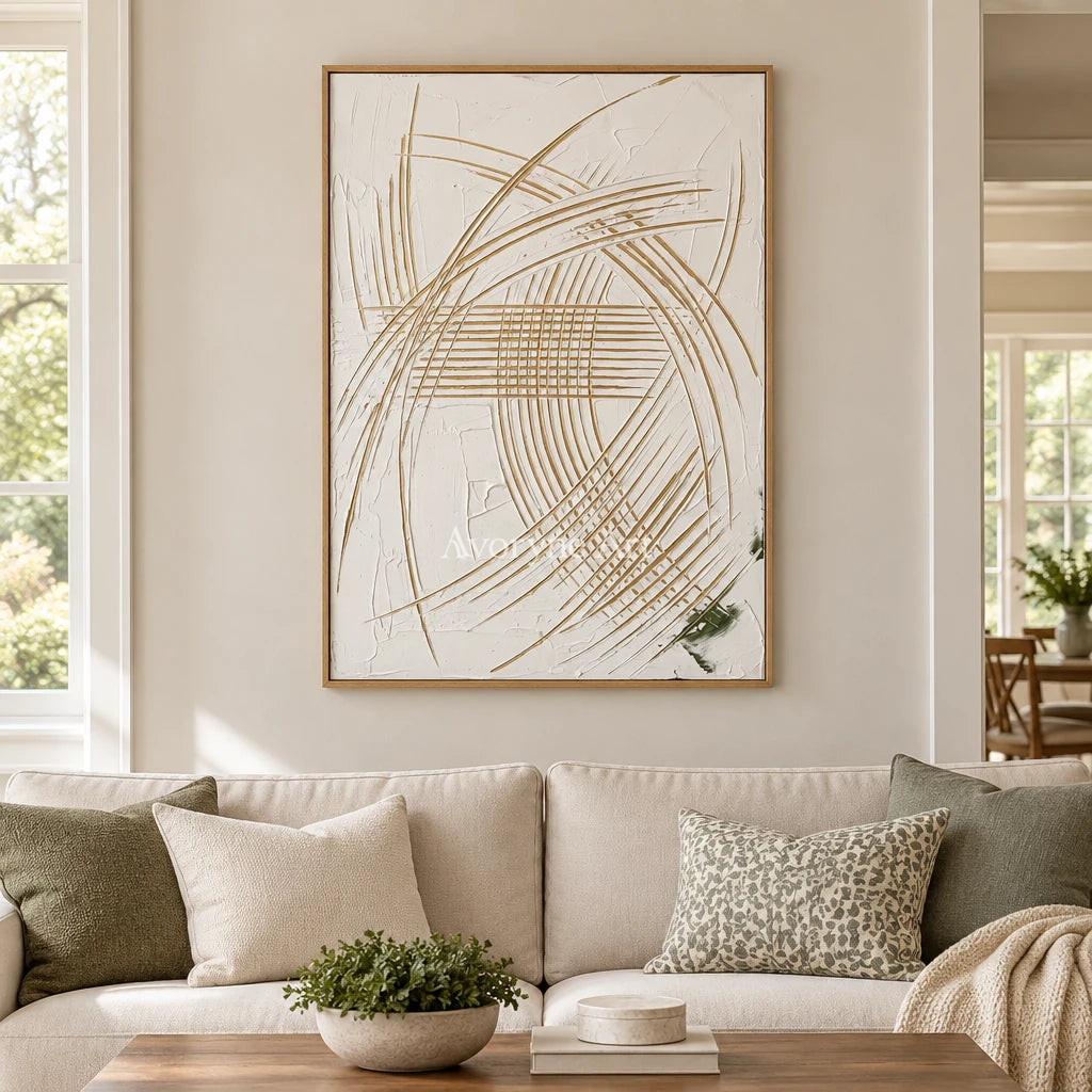 Silver Reverberation linear abstract wall art with a wood frame in a villa living space