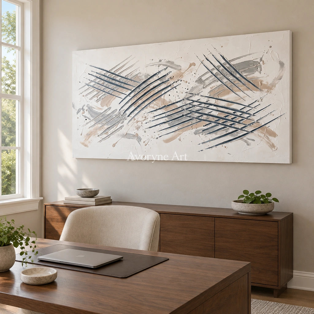 Golden Cadence linear abstract wall art as a frameless stretched canvas in a home office