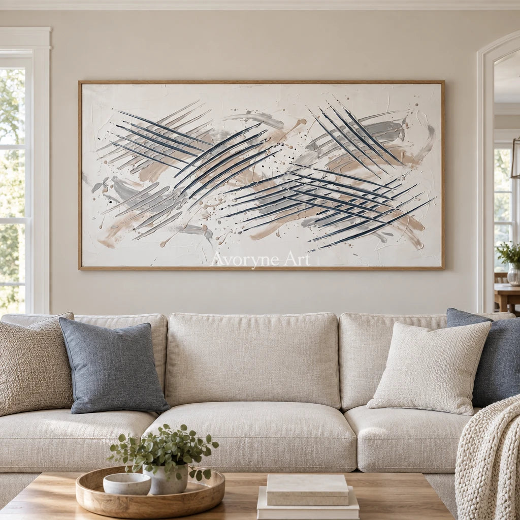 Golden Cadence linear abstract wall art with a wood frame in a villa living space