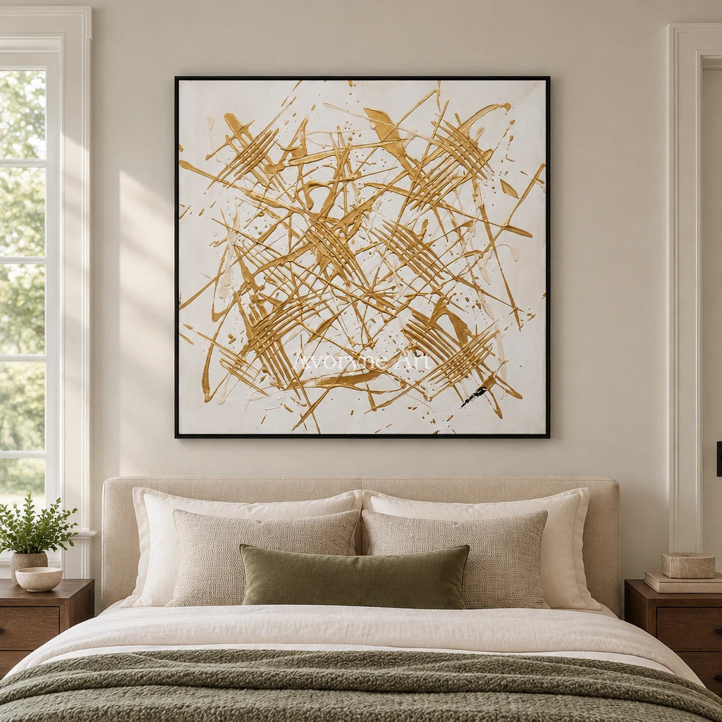 Golden Prelude linear abstract wall art with a black frame above a bed in a bedroom