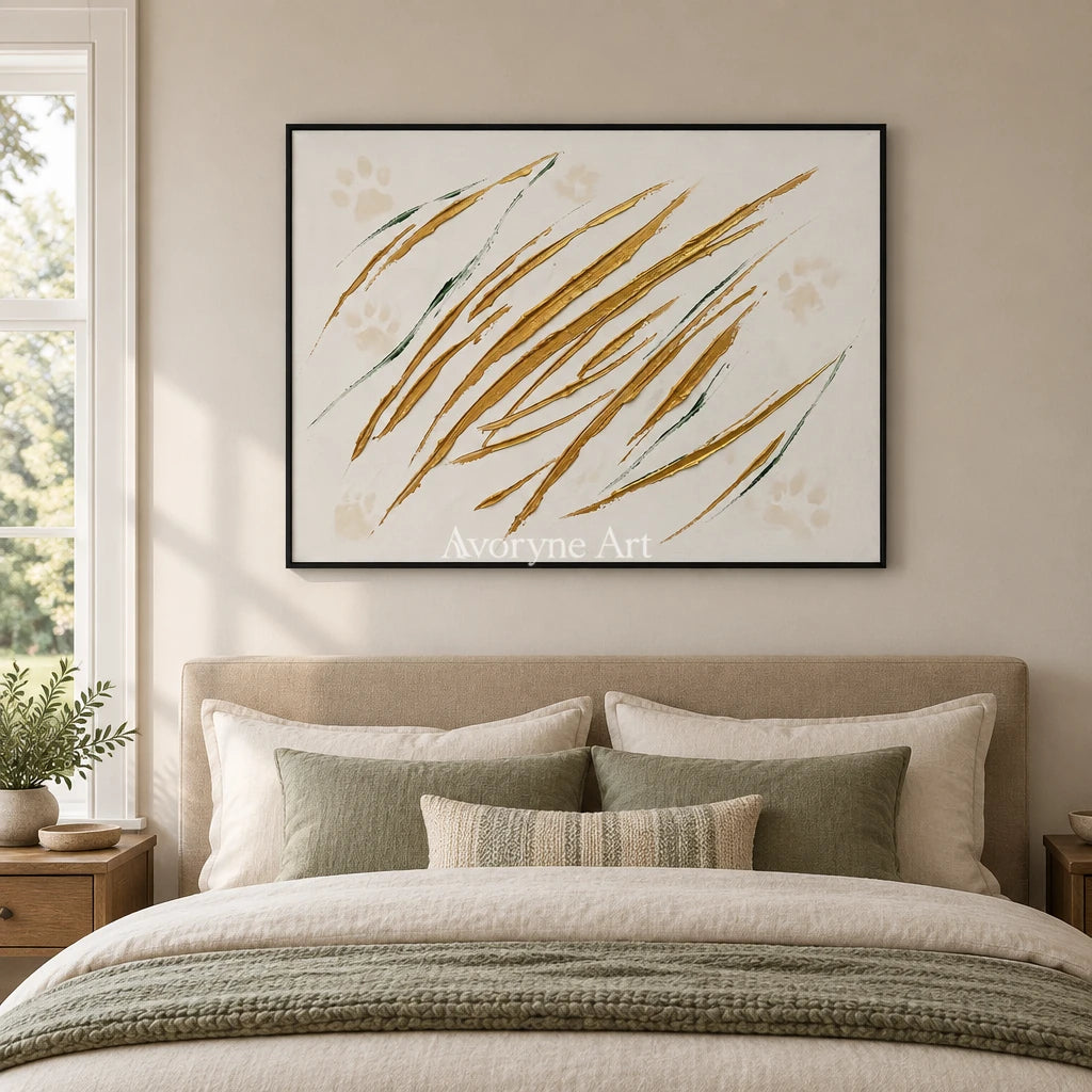 Golden Trace linear abstract wall art with a black frame above a bed in a bedroom