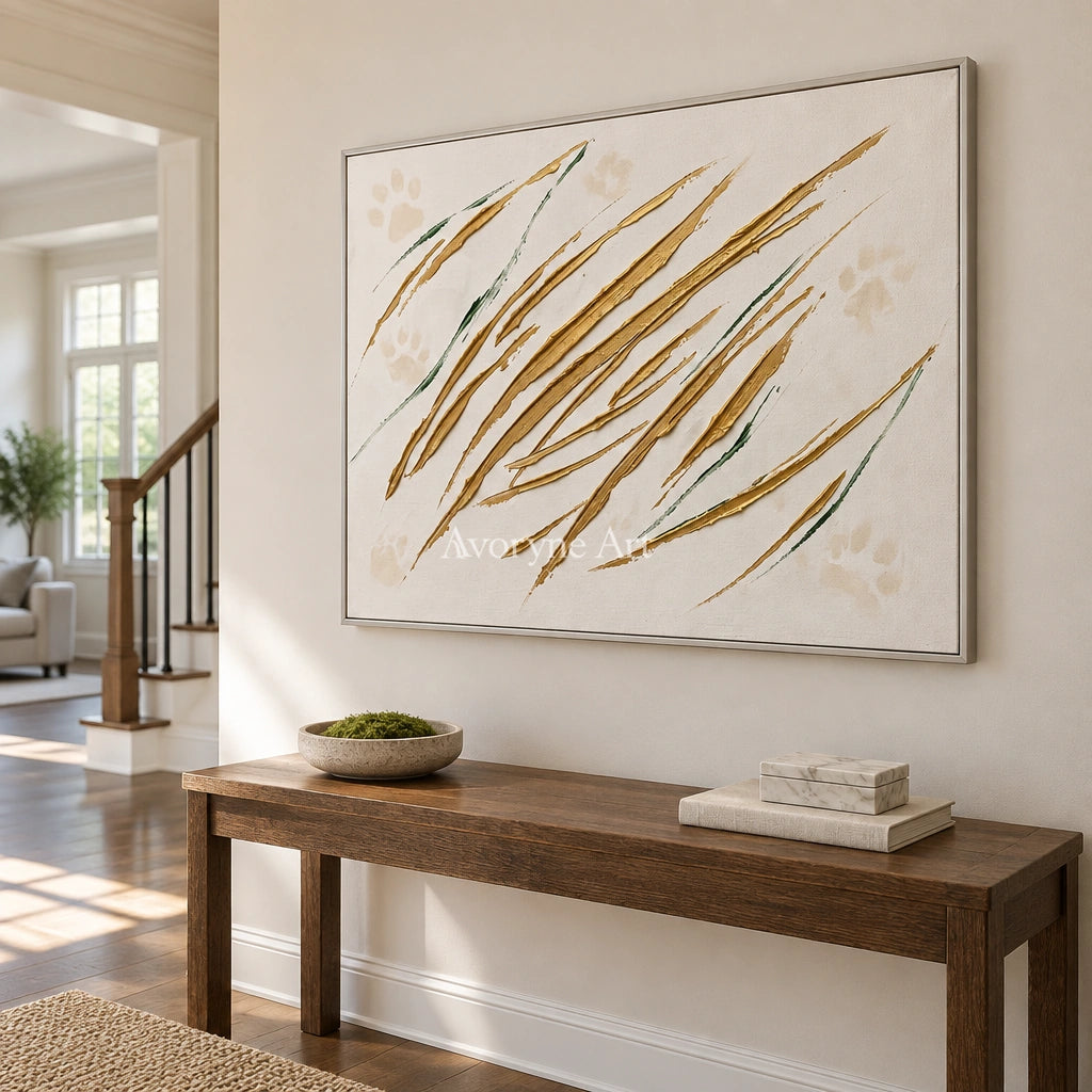 Golden Trace linear abstract wall art with a silver frame in an entryway