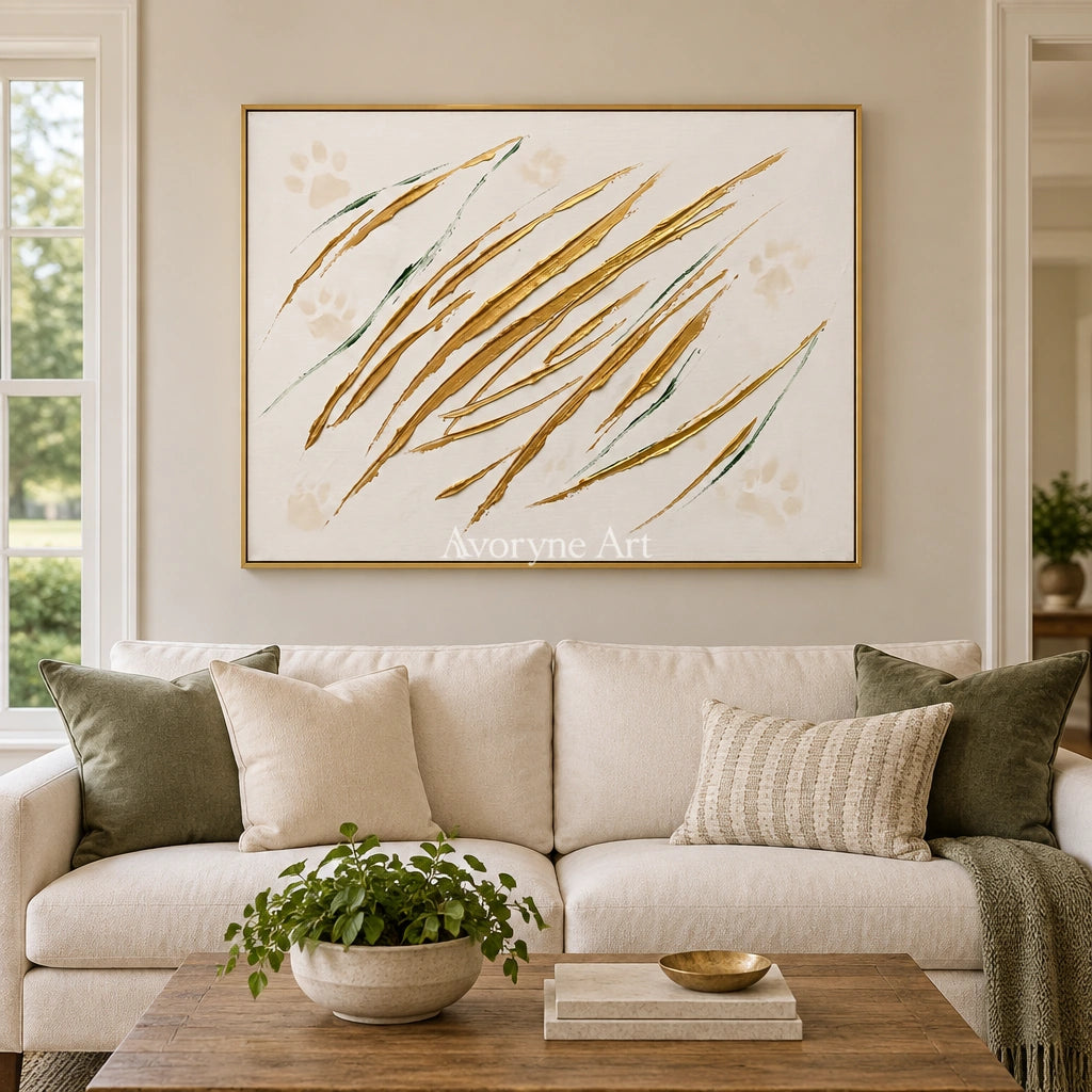 Golden Trace linear abstract wall art with a gold frame hanging in a living room
