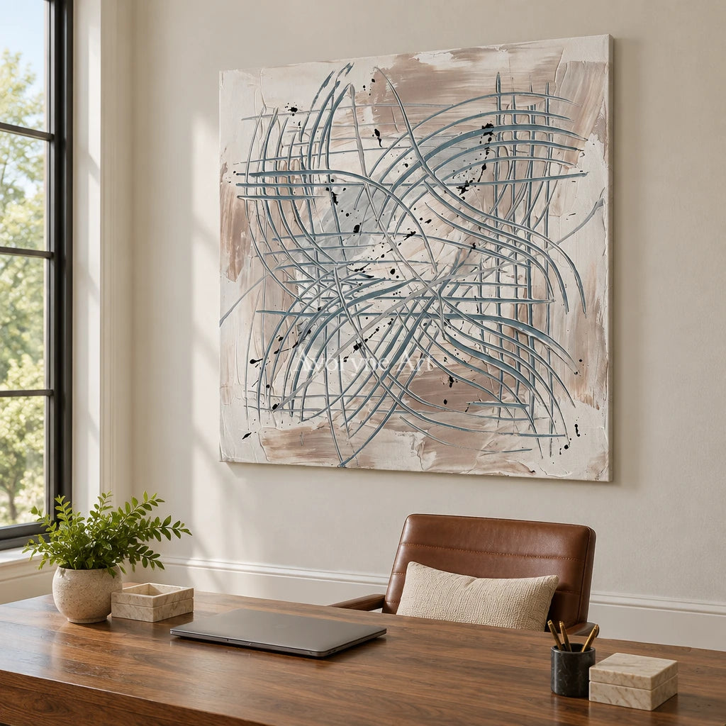 Golden Story linear abstract wall art as a frameless stretched canvas in a home office