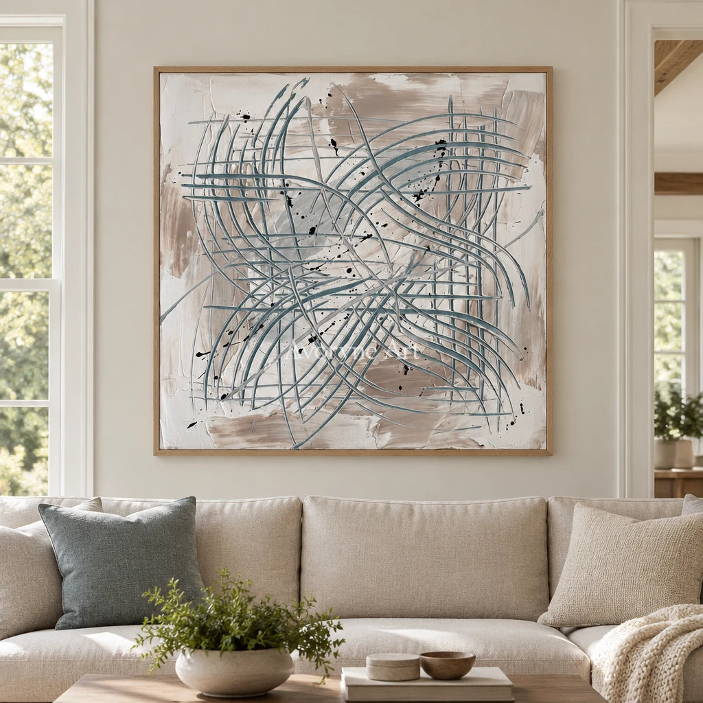 Golden Story linear abstract wall art with a wood frame in a villa living space