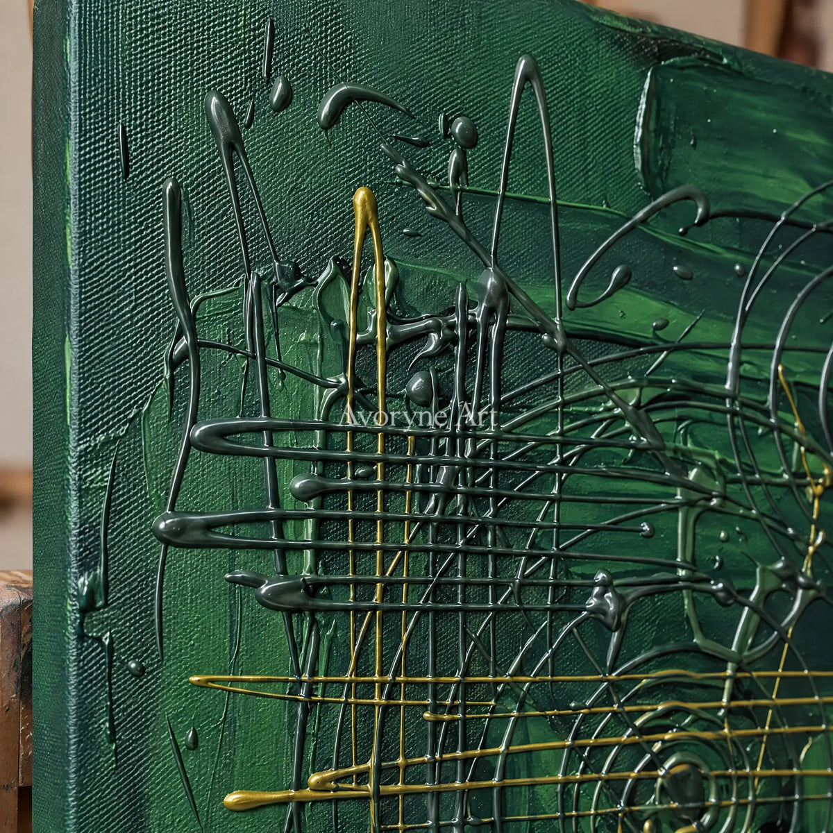 Close-up of the hand-painted texture of Golden Vista linear abstract wall art on an easel