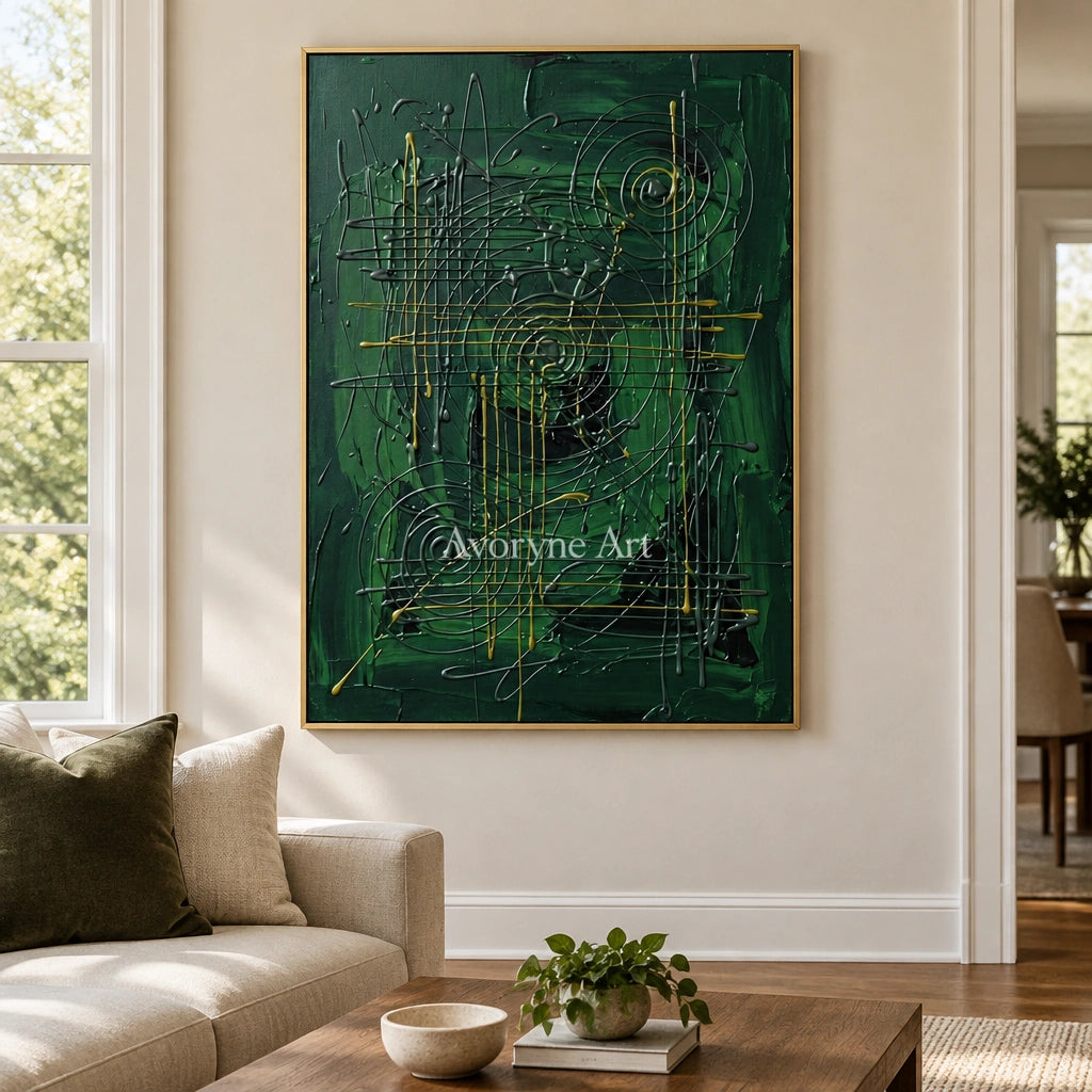 Golden Vista linear abstract wall art with a gold frame hanging in a living room