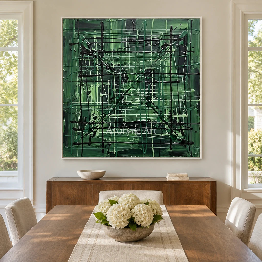 Golden Current linear abstract wall art with a white frame in a dining room