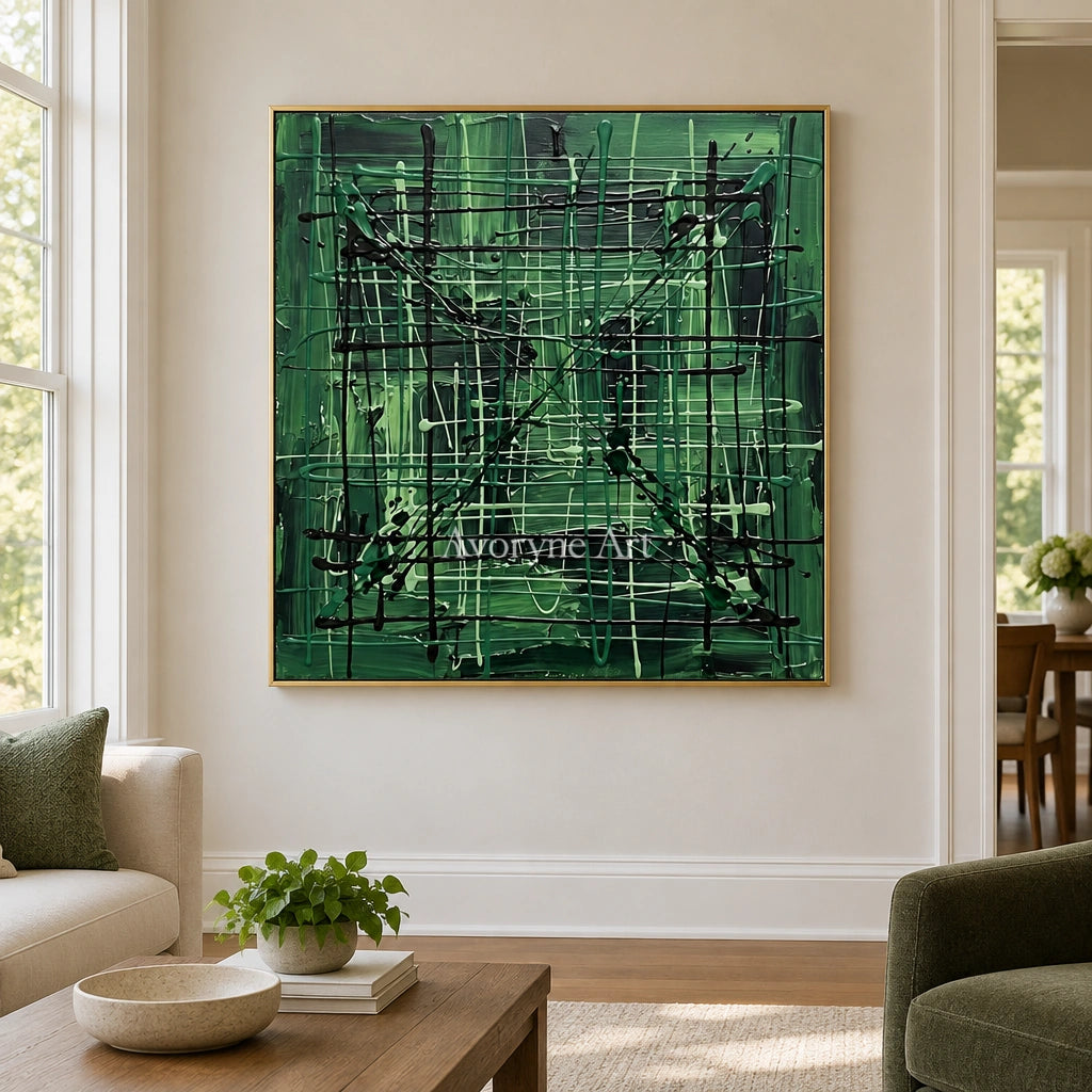 Golden Current linear abstract wall art with a gold frame hanging in a living room