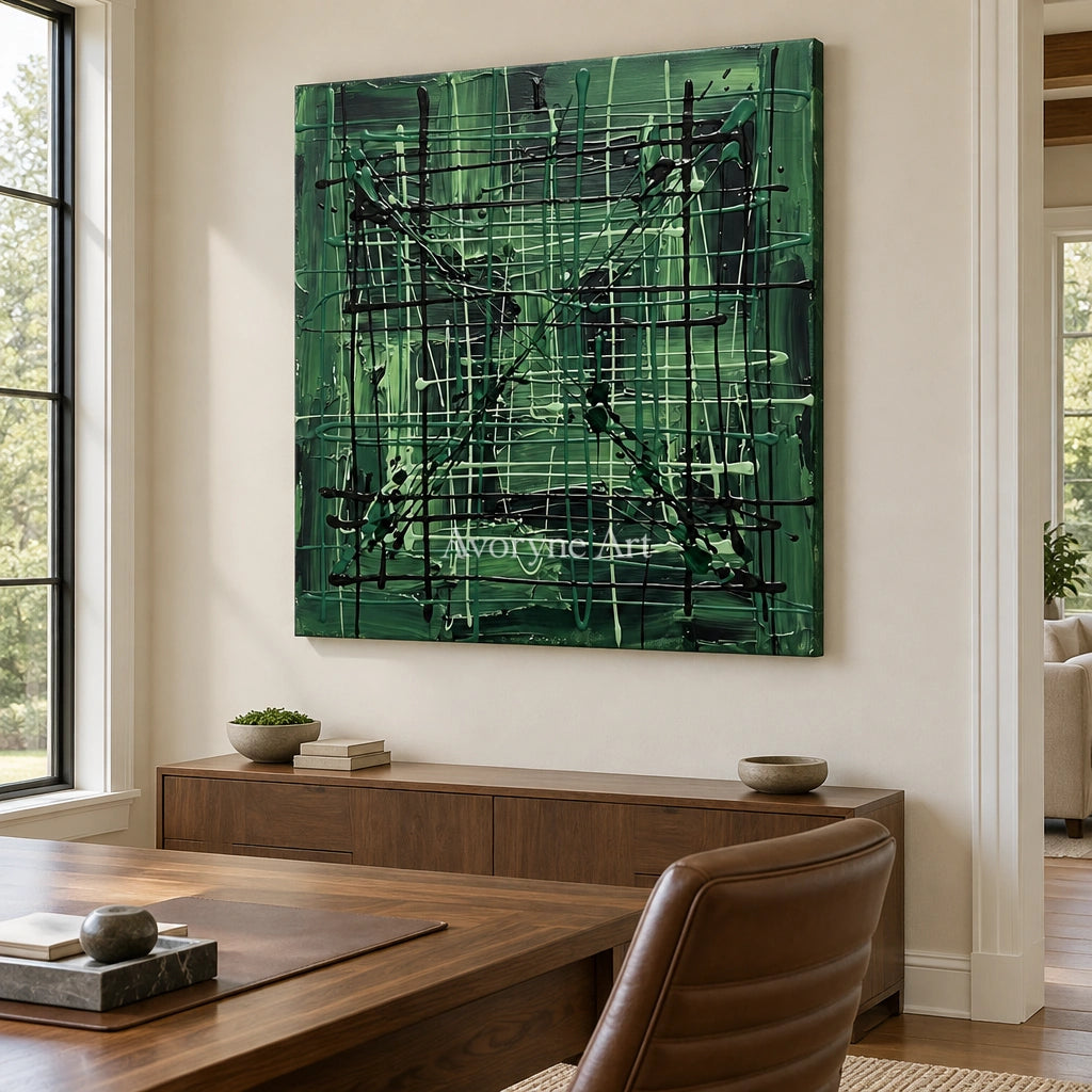 Golden Current linear abstract wall art as a frameless stretched canvas in a home office