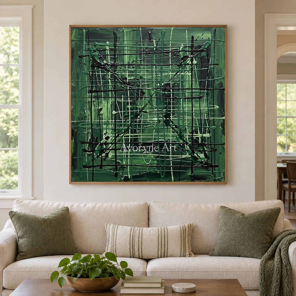 Golden Current linear abstract wall art with a wood frame in a villa living space
